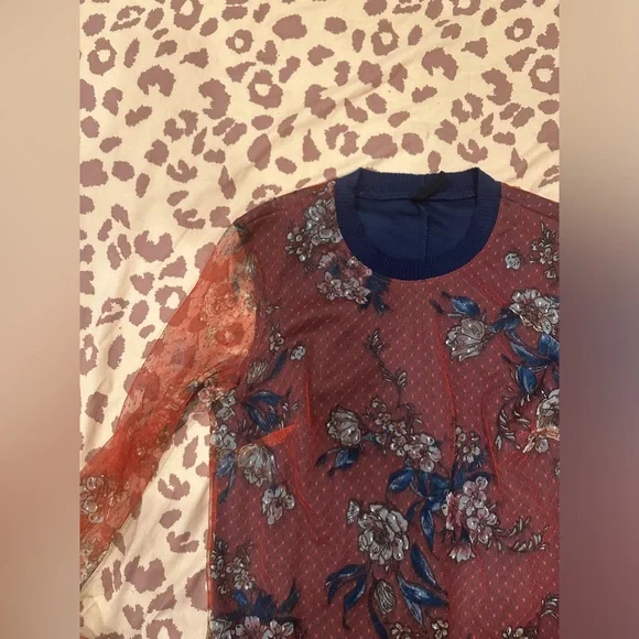 Long sleeve mesh burgundy and navy dress - Picture 9 of 14